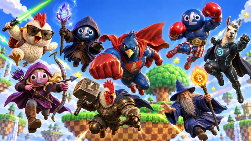 The eight Lite Brawlers fighters leaping over a floating grassy arena