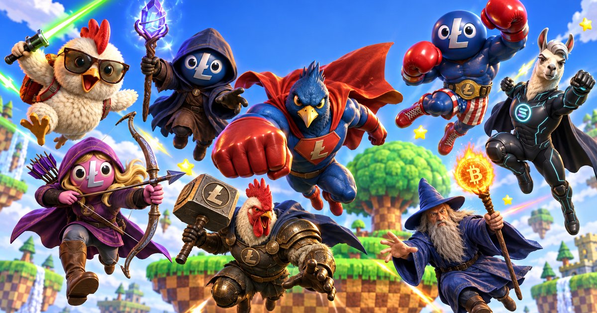 Key art: the eight Lite Brawlers fighters leaping over a floating grassy arena
