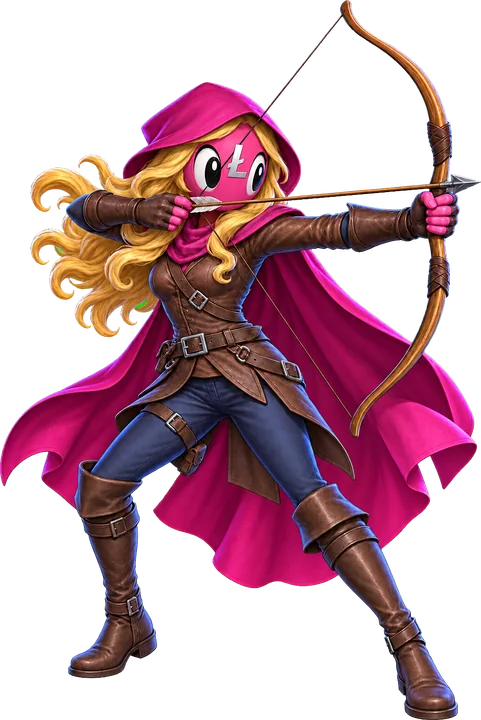 Lara the archer drawing her bow, magenta hood and cape flying