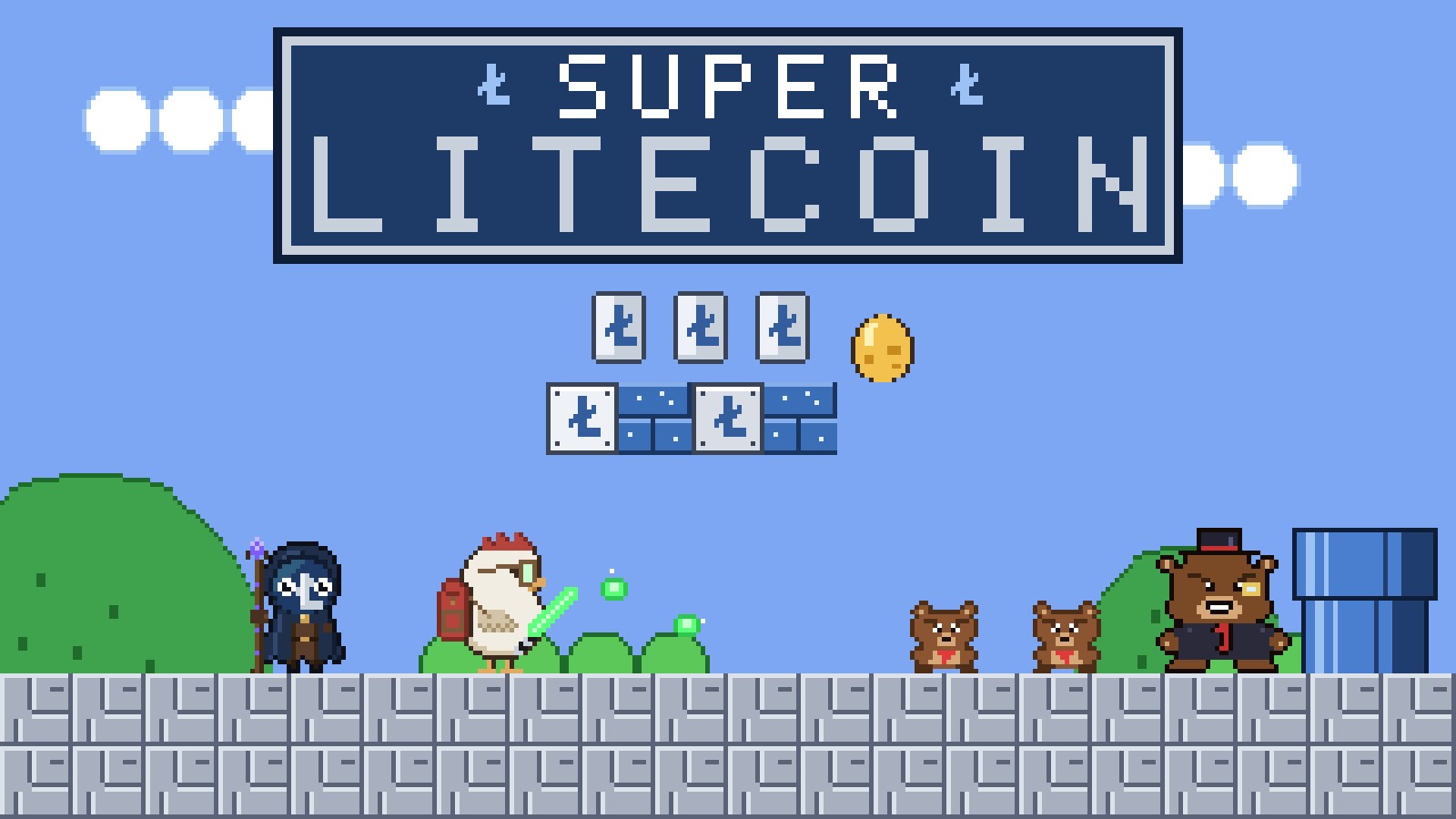 Key art: Chikun swinging his green Litesaber beside Lester, facing two bear cubs and the Bear Baron under the Super Litecoin logo